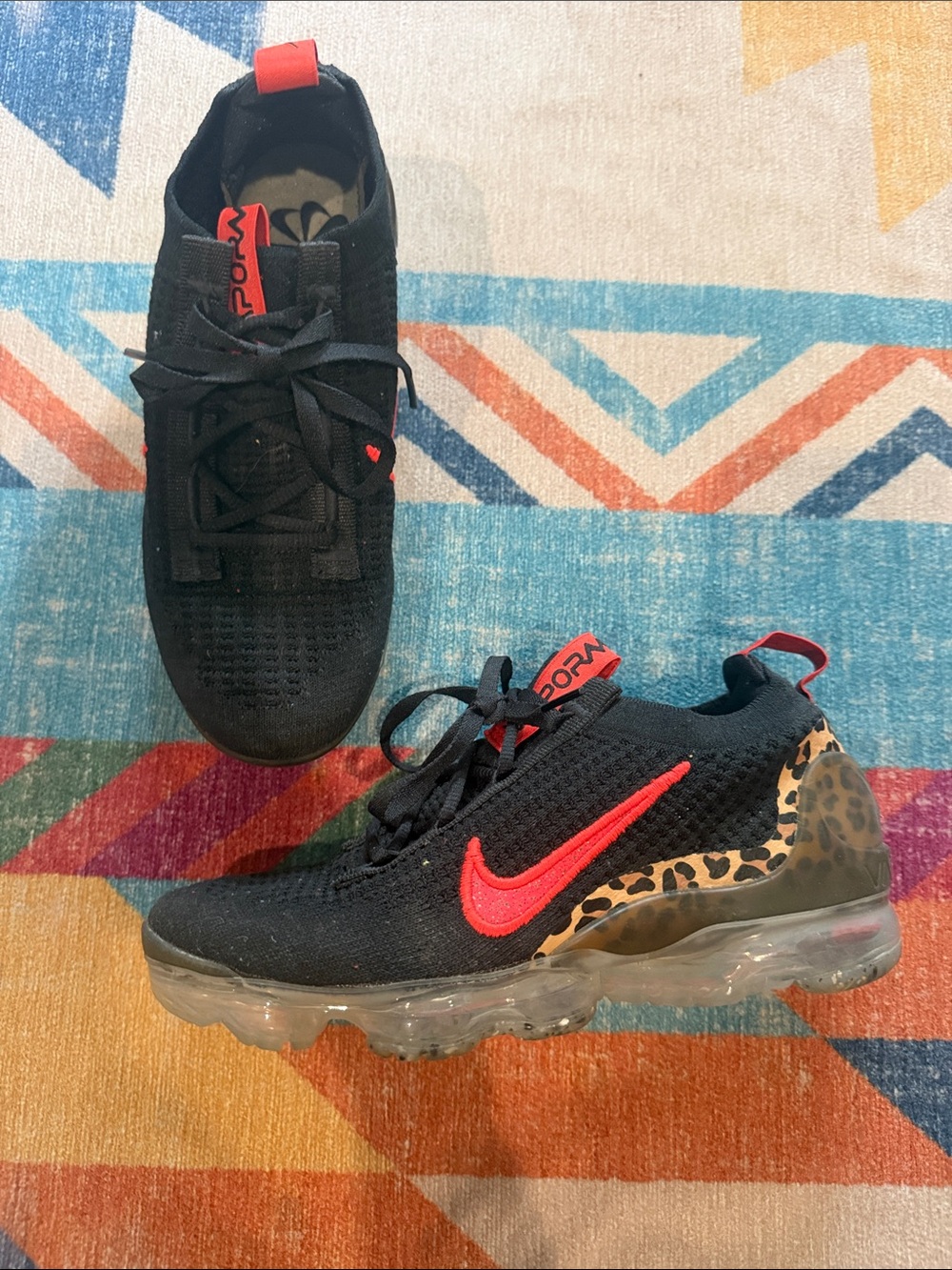 Nike Kids Black Sneakers with Red Swoosh and Leopard Heel
